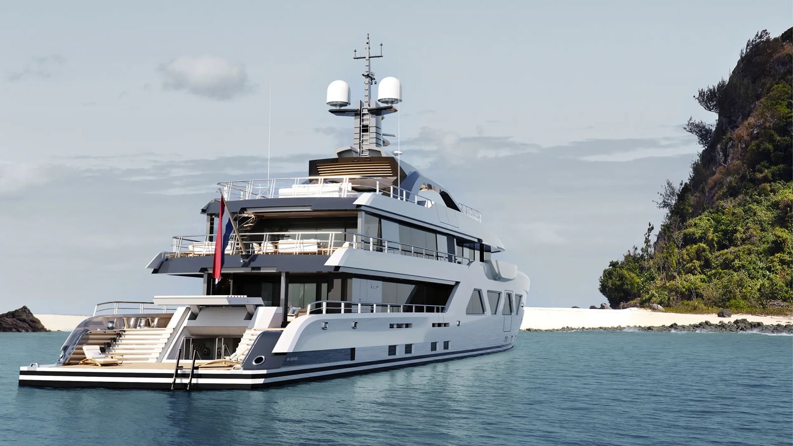 Render van de Amels 60 Project Vogue, een superjacht van zestig meter