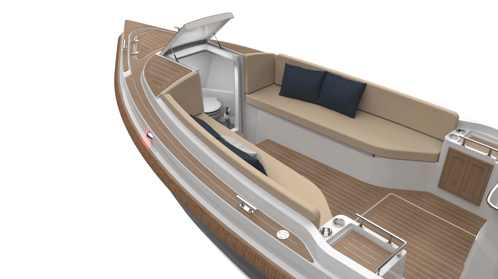 Render van het voorschip van de Interboat 22 met de afgesloten toiletruimte