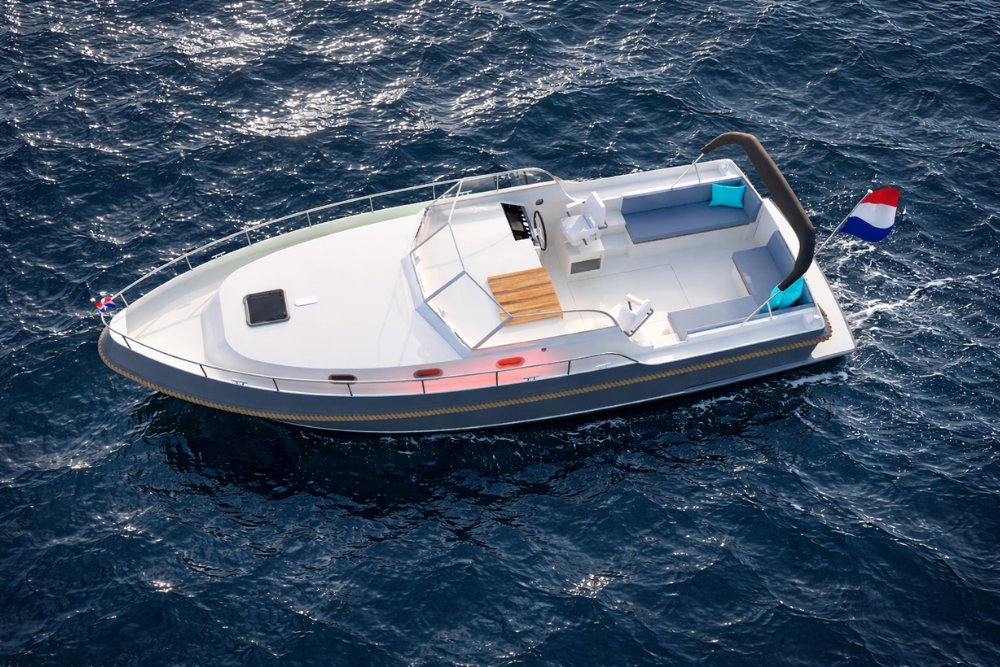 Render van de Vedette Dutchman 35, een stalen motorjacht van 10,65 meter